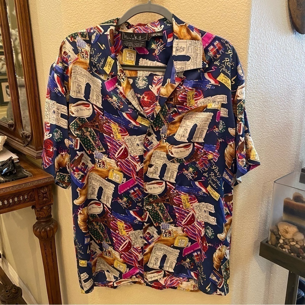 RARE! Vintage NICOLE MILLER 1991 Paris Theme Print 100% Silk Size Small-Unisex